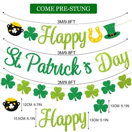 PTFNY Glittery Happy St. Patrick's Day Banner Shamrock Banner Saint Pattys Day Banner St Patricks Day Shamrock Garland Decorations for Irish Lucky Day Decorations