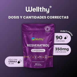 Wellthy Resveratrol Liposomal 90 Cápsulas. Entrega Optimizada, La Mas Alta Biodisponibilidad, Cápsula Vegana, 350mg, Rinde 3 Meses, Bottle Free.