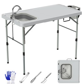aoole Foldable Fish Cleaning Table, Portable Camping Table with Sink & Measurement Markers with Faucet & Spray Gun for Camping, Patio, Kitchen, RV & Beach