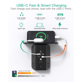 Wall Outlet Extender with Shelf and Night Light, Surge Protector, USB Wall Charger with 5 AC Outlets and 2 USB A Ports 2 USB C Ports Wide Space 3-Sided Power Strip Multi Plug Outlets, Black