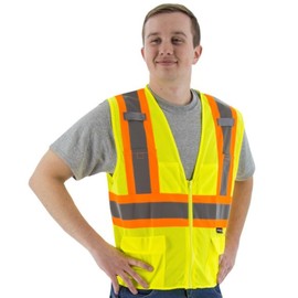 Majestic High Visibility Mesh Vest with DOT Striping | MED - Hiviz Yellow Safety Vest | ANSI/ISEA Class 2, Type R Standard, Zipper Closure, 6 Pockets with Radio Tabs | 75-3209