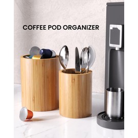 Fibogollo Bamboo Kitchen Utensil Holder for Countertop（Set of 2）, 6.5" and 5.5" Flatware Organizer for Silverware Spoon and Cooking Utensils Crocks