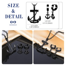 INFINIONLY Men's Stainless Steel Necklaces and Earrings Jewellery Sets Vintage Chains with Anchor Pendant for Teenagers Fashion Anchor Hoop Earrings for Boys Women