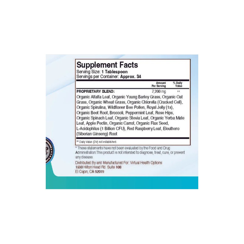 Garden Food Plan Essential Greens 8.6oz Vegetarian Herbal Supplement 34