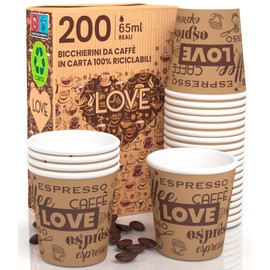 Eurocali 200 Espresso Paper Cups 65 ml Biodegradable Coffee Disposable Cups - Ecological Design LoveBrownCUP - Small Size for Italian Espresso for Hot Drinks