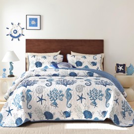 Djoymock Coastal Quilt Set Queen Size 3 Pcs, Summer Blue Beach Theme Quilts with Pillowcases Reversible Microfiber Ocean Bedding Set Nautical Bedspreads Coverlet Lightweight Comforter for All Season