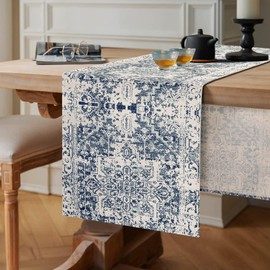 Chicamy Modern Table Runner Grey 40 x 140 cm Abstract Geometric Table Linen Vintage Flower Table Runner Linen Look Blue Runner Table Decoration for Dining Room Party Holiday Restaurant Decoration