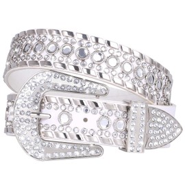 XZQTIVE Rhinestone Studded Western Leather Belt for Men - Women Ladies Vintage Cowgirl Cowboy Bling Design Waist Belts for Pants Jeans Dresses (White,Fit pant 39-44 inch)