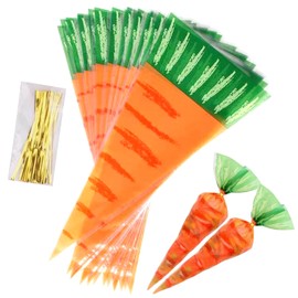 Carrot Shaped Treat Bags,100Pcs 7.9x16In Easter Cone Cellophane Gift Bags Easter Plastic Triangle Cello Bags Orange Carrot Bags for Treat with Twist Ties for Cookies Candy Party Favor Supplies