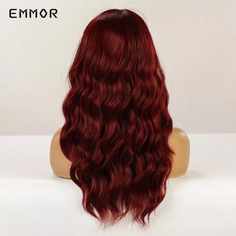 Emmor Moda Larga Ondulada Vino Pelucas Rojas Con Flequillo For
