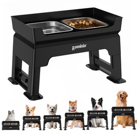 ZOMISIA 3-in-1 Elevated Dog Bowls Dual Level - Mess Free Dog Feeding Station 6.7" to 15.9", 6 Heights Adjustable, Including 2 Stainless Steel Bowls, Slow Feeder & Lick Plate, Medium to Large Pets