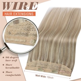 Sunny Hair Wire Hair Extensions Human Hair Invisible Wire Hair Extensions for Women Straight Hidden Hair Extensions with Adjustable Line Ash Blonde Highlights Golden Blonde 14Inch