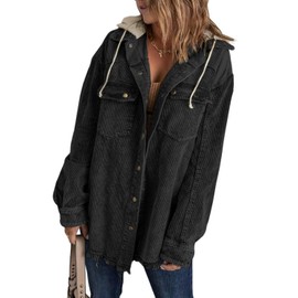 Dokotoo Womens Winter Fall 2025 Corduroy Shacket Jackets Long Sleeve Flannel Shirts Button Down Shirts Contrast Color Block Oversized Hooded Ripped Outerwear with Pockets Black Medium