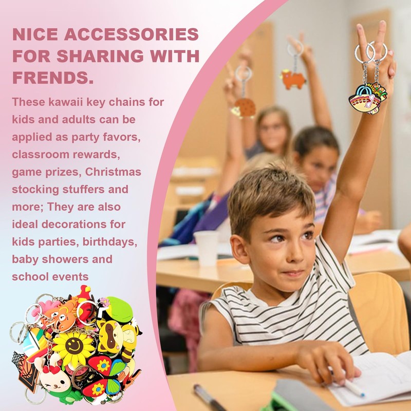 50pcs Cute Bulk Keychains for Kids,Non-Repeat Cartoon Key Chains Backpack