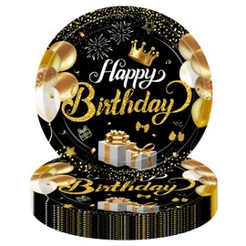 MOMAHUA Pack of 16 Happy Birthday Paper Plates Black Gold Party Tableware for 16 Guests 23 cm / 9 Inch Paper Plates Birthday Happy Birthday Party Tableware Set for Men Women Children Birthday Wedding