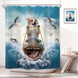 Homewelle Funny Dog Corgi Ocean Shower Curtain Riding Shark 72Wx72H Inch Sea Waves Seagull Fish Cool Animal Surfing Blue Cute Kids Waterproof Polyester Fabric Bathroom Bathtub