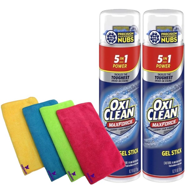 2 Oxi, Clean Max Force Gel Stick Stain Remover, 6.2 Ounce - Bundled With 4 ONDAGO Microfiber Cleaning Cloth (Compatible with OxiClean Max Force)