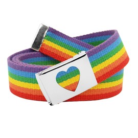 Build A Belt 1.25" Wide Heart Silver Flip Top Belt Buckle with Canvas Web Belt (Womens Large Rainbow)