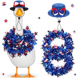Jeere 4th of July Goose Outfits Including 2 Pcs Tinesl Garlands and 1 Pcs Goose Hat Costume Decor for 17'' 23'' Cement/Plastic Porch Statue Outdoor Decoration