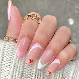 24Pcs Valentine’s Day Press on Nails Medium Length Pink Heart Almond Fake Nails with Design French Nails White Pink Full Cover False Nails Glossy Stick on Nails for Women Valentines Nail Decorations