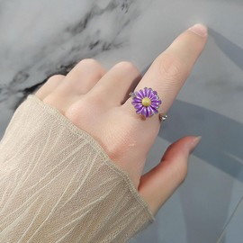 OIDIMS Purple Daisy Fidget Ring Unique Crystal CZ Wrap Finger Spinner Rings Sunflower Adjustable Open Wedding Band Stackable Rotating Calming Worry Anxiety Stress Relief Rotating Jewelry for ADHD