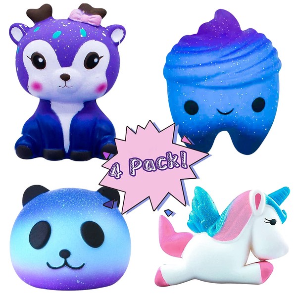 hirsrian Squishies Toys, Slow Rising Squishy Toys Galaxy Jumbo Squishies Scented Stress Relief Squeeze Pack Include Deer Tooth Panda Unicorn for Kids Adults