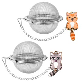 PUSCOBSY Cat Tea Infusers for Loose Leaf Tea, 2PCS Stainless Steel Tea Strainer Fine Mesh, Cute Tea Balls Set with Wagging-Tail Cat Charm Pendant (Orange Tabby & Silver Tabby)