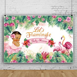 7x5FT Summer Tropical Jungle Flamingo Backdrop Girl Baby Shower Party Photography Background Pink Floral Flamingo Forest Green Leaves Decoration for Baby Shower Dessert Table Decor Photobooth Props