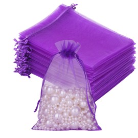 G2PLUS Purple Organza Bags, 10 x 15 cm Gift Organza Bags, Pack of 50 Organza Bags with Drawstring for Wedding Candy Bags, Jewellery Bags, Gift Bags