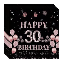 Yiran Happy 30th Birthday Black & Gold Rose Napkins, 20pcs Party Napkins for Women's 30th Birthday Decorations