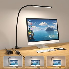 LED Desk Lamp, 3 Color & 5 Brightness Desk Lamp for Office Home, 72 LED Dimmable Reading Lamp with Flexible Gooseneck, Clamp Lamp with USB Adapter for Reading Study Workbench Drafting Crafting