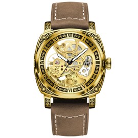 Carved Automatic Watches for Men, Retro Tattoo Skeleton Self-Winding Mechanical Watch Men's Automatic - 3 ATM Waterproof, Luminous Hands, Skeleton Dial, Ideal for Everyday Wear and Formal Occasions (Gold Leather)