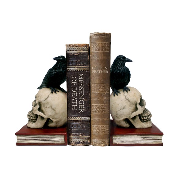 DWK - Murder and Mystery - Ravens on Skulls Bookends Gothic Poe Crow Reading Bookshelf Theme for Your Library Home Décor Book Shelf Accent 8.5 Inches in Length