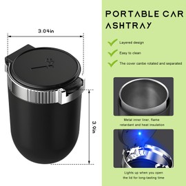 MUQIDA Car Ashtray with Lid, Auto Portable Stainless Steel Smokeless Ash Tray with LED Light, Detachable Windproof Ashtray Mini Trash Can for Most Car Cup Holder Home Office (Silver)