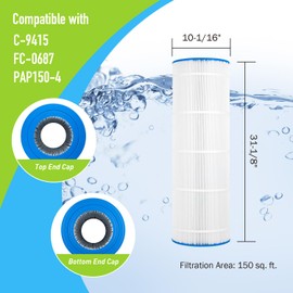 BLUEFLO PAP150 Pool Filter Replaces Unicel C-9415, Filbur FC-0687, Pentair CC150, CCRP150, R173216, 59054300, 160317, 160355, 160352, 31-1/8” x 10-1/16”