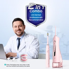 COSLUS COSLUS Professional Water Flosser & Electric Toothbrush Combo for Teeth, Braces, Gums Care - Simple & Easy to Use, Rechargeable, Waterproof, Cordless & Portable for Travel, BPA-Free, Pink, C20 & C41
