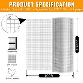 Hardware Cloth 1/2 inch 48 x 100 ft Galvanized Chicken Wire Fencing 19 Gauge Heavy Duty Hot Dip Galvanized Wire Fence Roll for Chicken Poultry Coop, Animal, Fencing,Garden Protection
