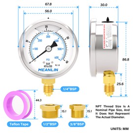 MEANLIN MEASURE 0-40bar/600PSI Stainless Steel 1/4" BSP 2.5" Face Dial Fluid Filled Pressure Gauge WOG Water Oil Air Bottom Mount with 1/4" x 1/2" BSP and 1/4" x 3/8" BSP Hex Socket