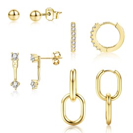 ALEXCRAFT 3/4 Pairs Silver 925 Earrings for Women, Hypoallergenic 14 Carat Gold-Plated Small Stud Earrings Silver 925 Hoop Earrings Cubic Zirconia Earrings Stackable Sleeping Cartilage Earrings Set