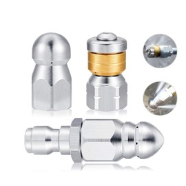 QOOWFEANIG 3Pack Sewer Jetter Nozzle for Pressure Washer, Drain Cleaning Nozzle Tips Kit for Drain Jetting Hose Stainless Steel, Rotating Button Nose with 1/4'' Quick Connect, 5000 PSI