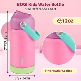 BOGI Kids Metal Water Bottle with Straw, 350ml Kid Stainless Steel Water Bottle for School Leak Proof Insulated Water Bottle for Boys Girls Toddlers Children Keep Drinks 12h Hot & 24h Cold | MPink