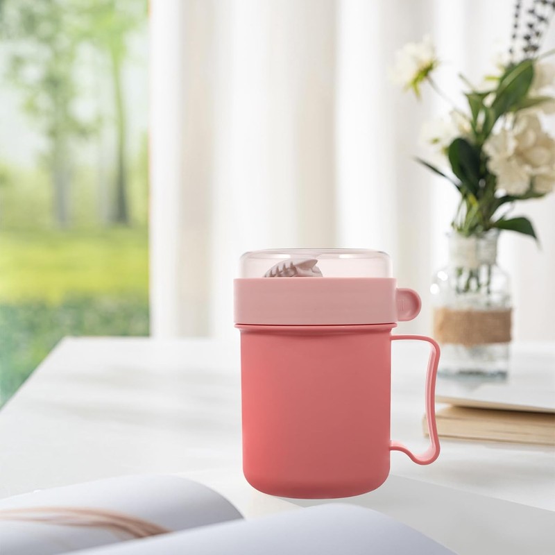 Taza de Desayuno Multiusos con Tapa y Cuchara, Rosa Plástico