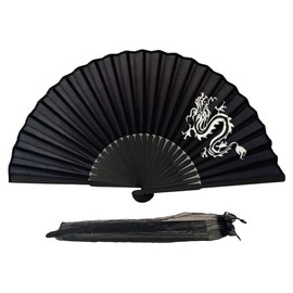 FANSOF.FANS Black Silk Fabric Folding Hand Held Fan with a Pouch Bamboo Ribs Chinese Vintage Handheld Girls Women Wedding Party Favour Gift (Dragon Art)