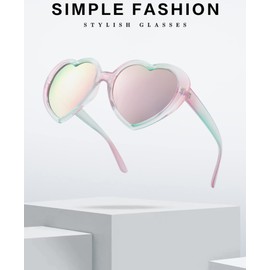 Onrtry Fashion Oversized Heart Shaped Polarized Sunglasses for Women Lovely Retro Eyewear Shades with UV400(Pink&Green/Pink Mirror)