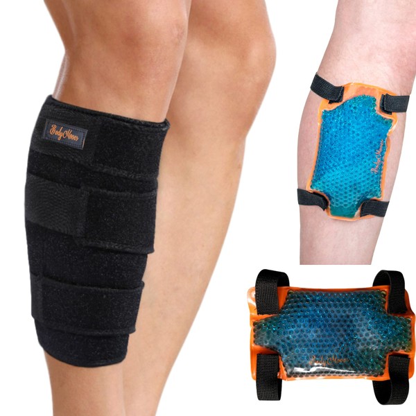 BodyMoves Calf Brace plus hot and cold gel pack for Torn Muscle Shin Brace Strain Wrap Support Leg Brace for Shin Splints Lower Leg Calf Compression Sleeve for Calf Strain Injury Tear Runners Remedy