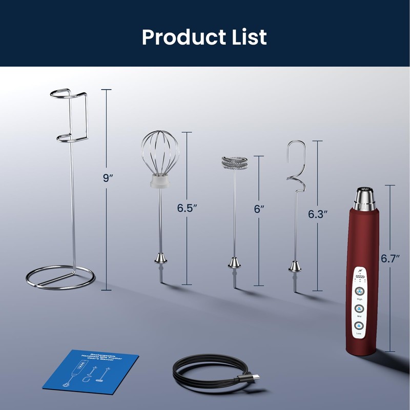 Sakgos Milk Frother with Stand Rechargeable-Handheld Frother Wand with 3