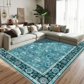 Washable Area Rug 9x12 Living Room Rugs Non-Slip with Rubber Backing Boho Throw Rugs Soft Low Pile Floor Carpet Vintage Floral Rug Indoor Large Area Rugs for Bedroom, Dinning Room, Teal/Multi