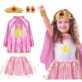 iROLEWIN Wonder Star Superhero-Costumes for Girls Dress-Up Super-Hero-Capes for Kids Tiara Cuff Tutu as Big-Sister-Gifts