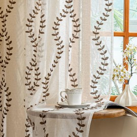 AmHoo 2 Panels Linen Leaf String Floral Embroidered Semi Sheer Curtain Farmhouse Voile Curtains for Living Room Bedroom Window Treatment Brown 52 x 63 Inch