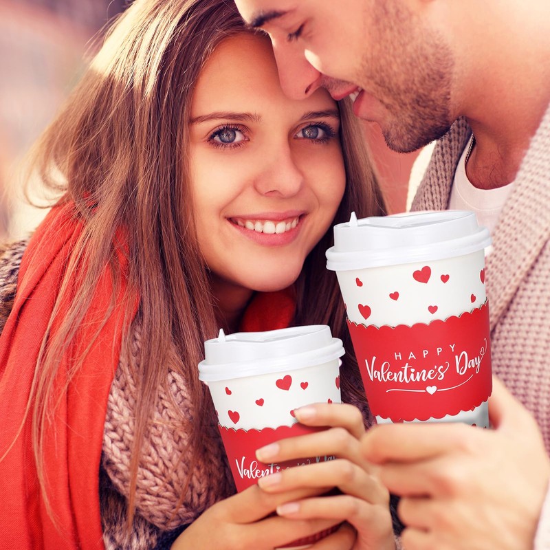 Whaline 50Pcs Valentine Disposable Coffee Cups With Lids And Sleeves